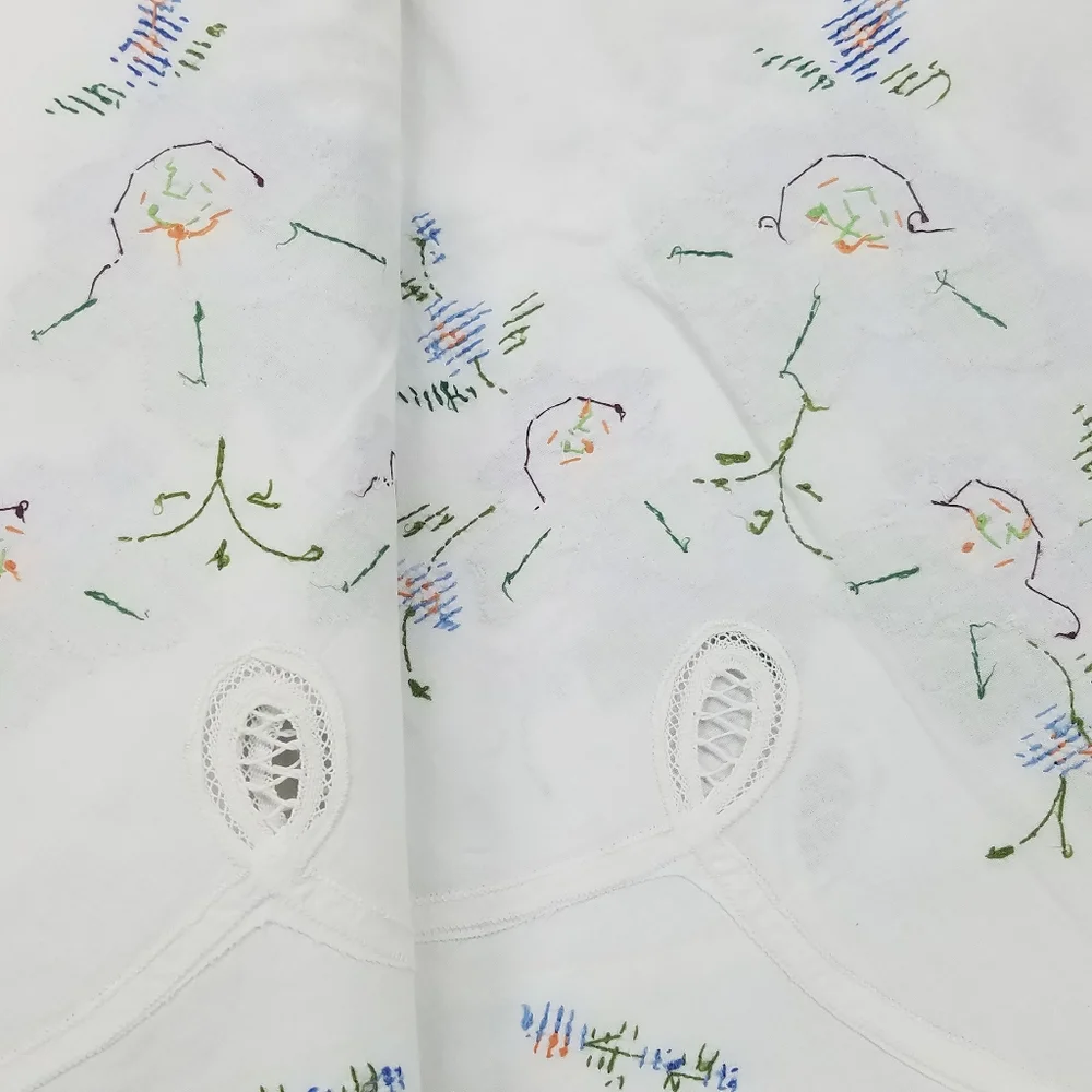 Vintage Floral Applique Round Tablecloth & 8 Napkins Set Blue Trim